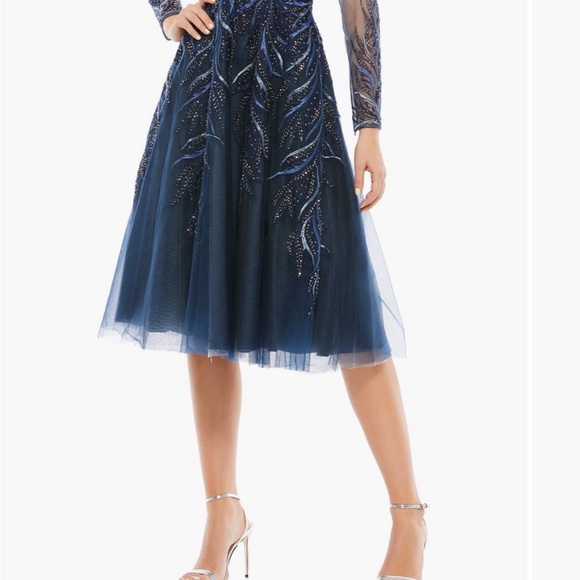 Mac Duggal Navy Blue Embroidered Midi Dress - Picture 1 of 3